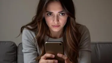 A worried woman looking at her phone