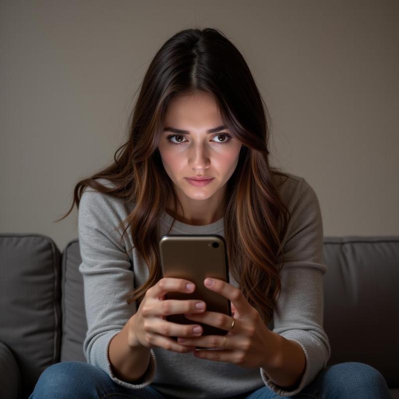 A worried woman looking at her phone