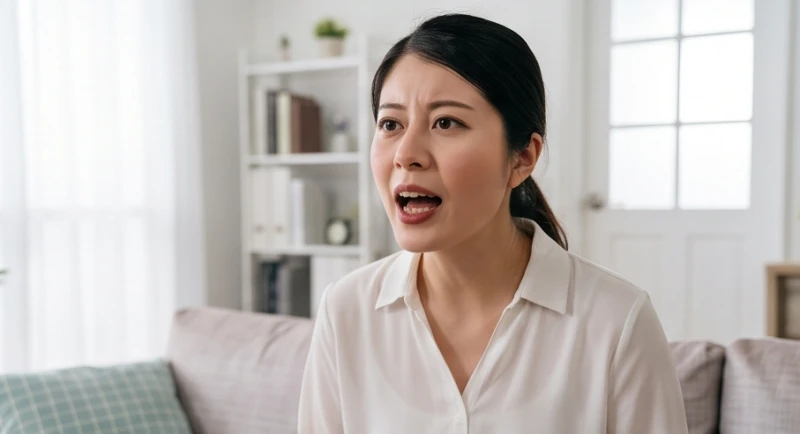 Một người phụ nữ đang vội vã cất lời với âm lượng lớn trong cuộc thảo luận gia đình