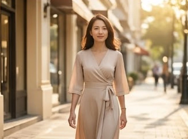 Phụ nữ mặc trang phục thanh lịch bước đi khoan thai trên phố, toát lên vẻ đẹp nhu hòa và tinh tế
