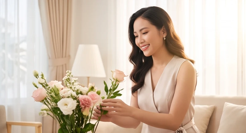 Người phụ nữ trẻ thanh lịch đang vui vẻ cắm hoa trong không gian phòng khách ấm cúng