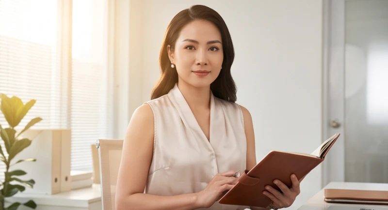 Nữ doanh nhân Việt Nam mỉm cười tự tin cầm sổ tiết kiệm và máy tính bảng