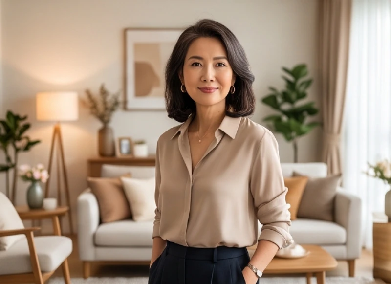Nữ doanh nhân trung niên mỉm cười rạng rỡ toát lên vẻ tự tin và độc lập về mặt tài chính