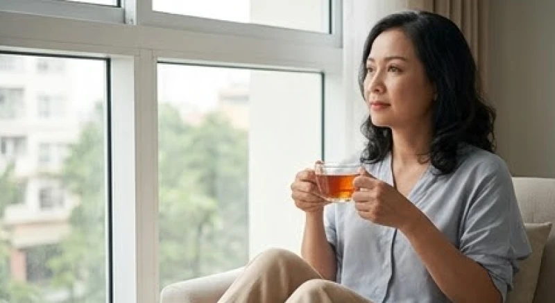 Mơ thấy mẻ răng không chảy máu: Điềm báo và bộ số dân gian 5 Một phụ nữ tuổi trung niên đang ngồi thư giãn và uống trà cạnh cửa sổ tràn ngập ánh sáng