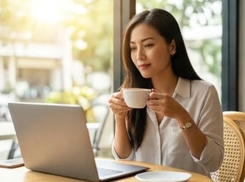 Người phụ nữ mỉm cười tự tin làm việc với máy tính xách tay tại quán cà phê, thể hiện sự độc lập