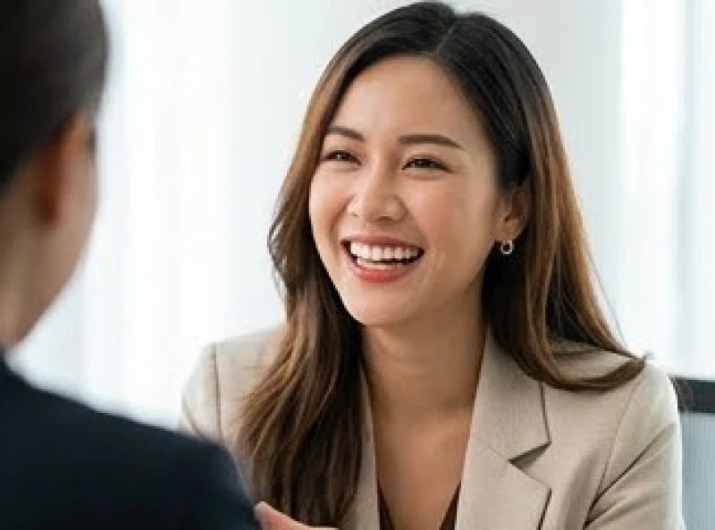 Nốt ruồi ở mép: Ý nghĩa tướng số, dấu hiệu y khoa & chi phí tẩy 6 Người phụ nữ tự tin mỉm cười khi đàm phán công việc thể hiện rõ nét tính cách của người có nốt ruồi ở mép