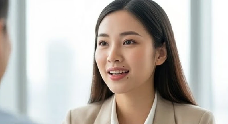 Gương mặt thanh lịch với nốt ruồi ở môi trên bên phải nữ tạo điểm nhấn khi giao tiếp tự tin