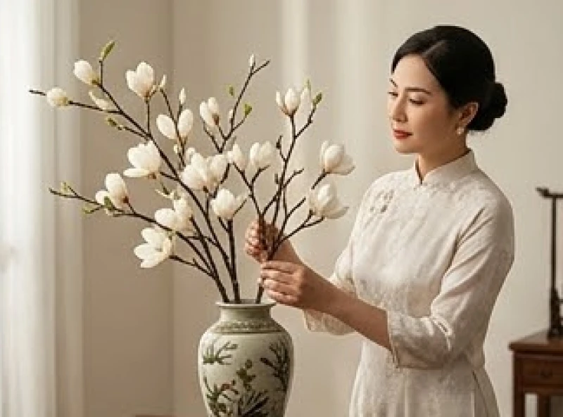 Tử Vi Tuổi Dần Trọn Đời: Đối Chiếu Nam Nữ & Phong Thủy Cải Vận 6 Người phụ nữ thanh lịch đang cắm những cành hoa mộc lan trắng vào chiếc bình gốm sứ