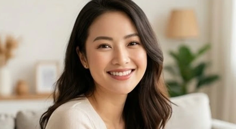Nụ cười tươi tắn của người phụ nữ có khuôn cằm đầy đặn thể hiện sự viên mãn