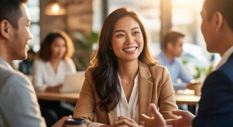Nữ giới có đôi mắt nhô cao toát lên vẻ ngoài tự tin, tràn đầy năng lượng khi làm việc với các đối tác