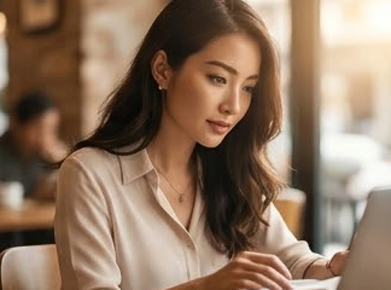 Người phụ nữ có đôi mắt sâu đang tập trung cao độ làm việc thể hiện sự thông minh và tinh tế