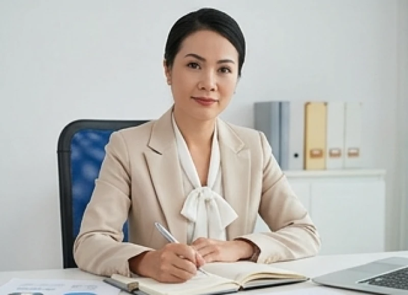 Phụ nữ mang tướng răng quặp đang cẩn thận lập kế hoạch công việc chi tiết trên sổ tay