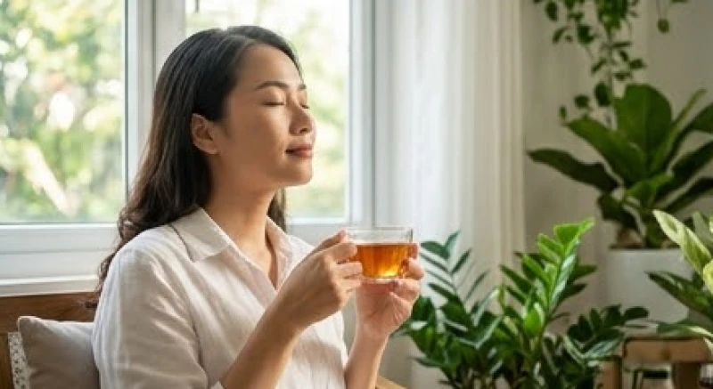 Người phụ nữ nhắm mắt thư giãn bên tách trà nóng trong không gian yên tĩnh