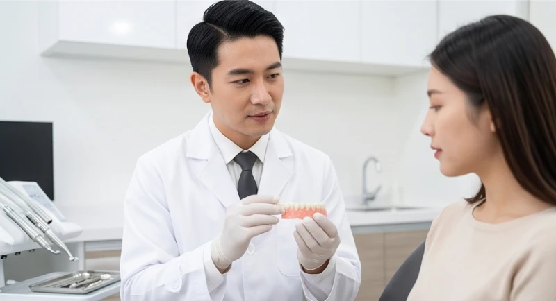 Mơ thấy vỡ răng: Giải mã điềm báo từng vị trí và ngũ hành 8 Bác sĩ nha khoa đang cầm bảng màu và tư vấn các mẫu răng sứ thẩm mỹ cho bệnh nhân nữ tại phòng khám