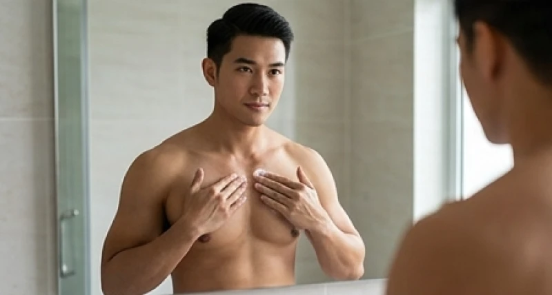 Nam giới đang thoa kem dưỡng phục hồi lên vùng da ngực để hạn chế sẹo và ngăn ngừa viêm nang lông