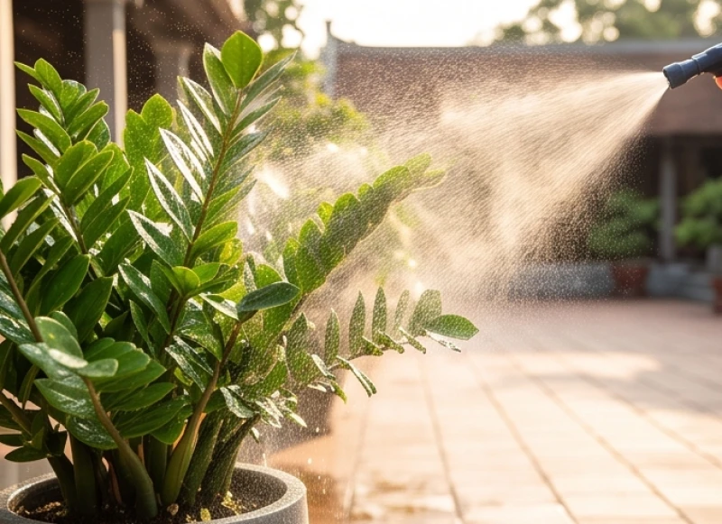 Cây trồng ngoài sân hợp tuổi Tỵ: chịu nắng gió và hướng đặt 8 Tia nước phun sương mịn màng đang làm ẩm ướt bề mặt lá của chậu cây nhằm hạ nhiệt độ nhanh chóng