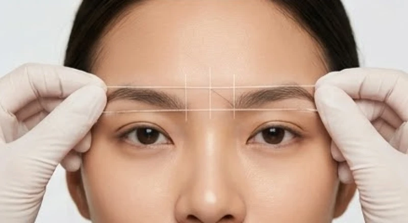 Kỹ thuật viên đo vẽ khung thẩm mỹ cẩn thận trên nền tướng lông mày thưa để bảo vệ nang lông thật