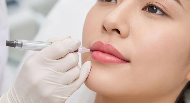 Kỹ thuật viên thẩm mỹ đang thực hiện phun xăm môi xí muội giúp tạo viền môi sắc nét và khắc phục tình trạng nhợt nhạt
