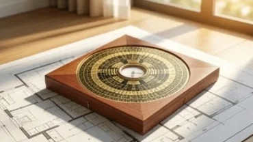 La bàn phong thủy đặt trên bản vẽ mặt bằng nhà giúp xác định phương hướng ngũ hành