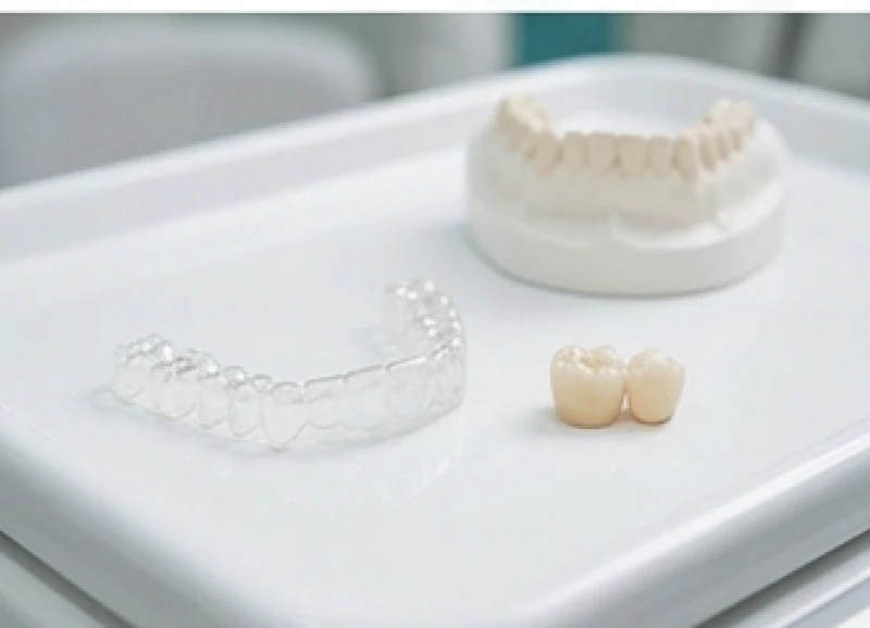 Mô hình so sánh các giải pháp khắc phục tướng răng quặp được đặt trên khay của phòng khám