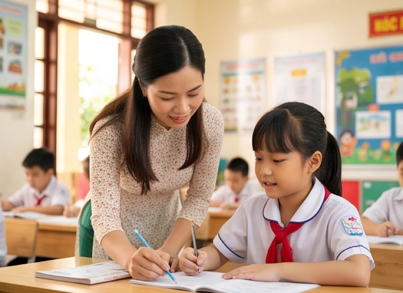 Cô giáo đang ân cần hướng dẫn học sinh trên lớp trong không khí học tập tích cực