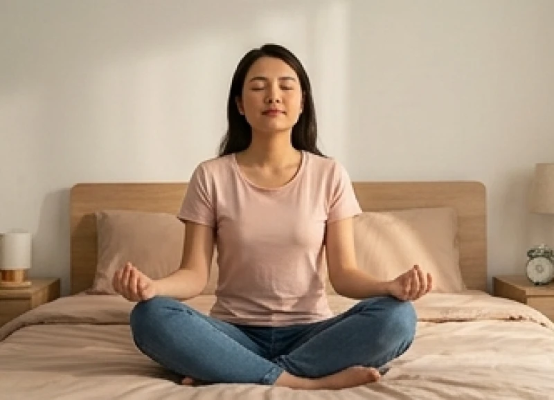 Mơ thấy người yêu chết: Giải mã tâm lý, điềm báo & bộ số 9 Một người đang ngồi thiền tĩnh tâm trên giường ngủ kết hợp hít thở sâu để giảm căng thẳng