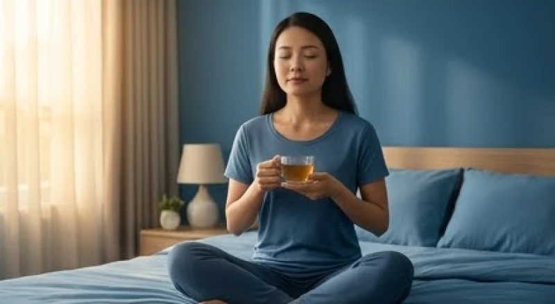 Một người phụ nữ nhắm mắt thư giãn tập hít thở trên giường để xoa dịu thần kinh