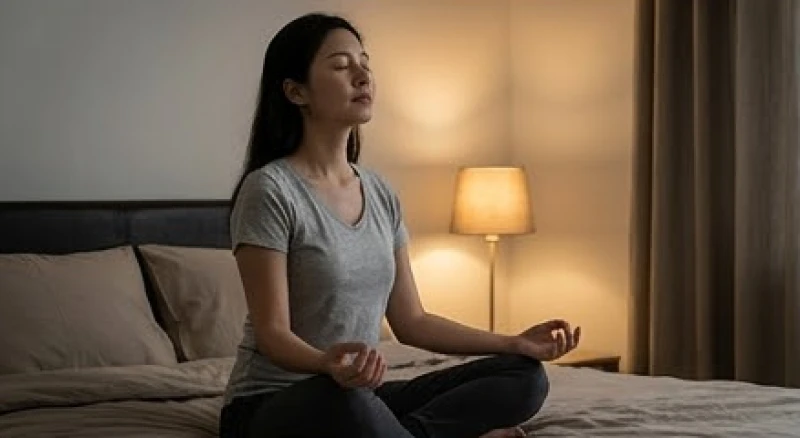 Mơ thấy bị bóp cổ: Giải mã điềm báo, bóng đè và cách khắc phục 6 Người đang ngồi ở mép giường với đôi mắt nhắm hờ, hít thở sâu để lấy lại bình tĩnh