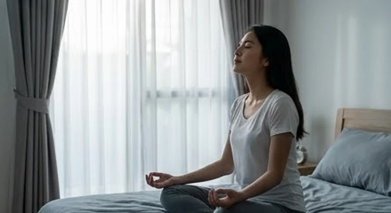 Người phụ nữ nhắm mắt tĩnh tâm, hít thở đều đặn trên giường vào buổi sáng sớm để cân bằng lại nhịp tim