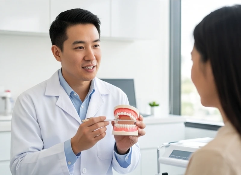 Bác sĩ nha khoa đang tư vấn các phương pháp khắc phục tướng răng thưa dựa trên mô hình
