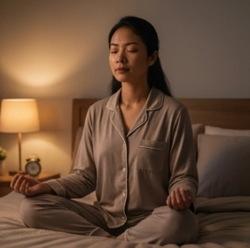 Người phụ nữ nhắm mắt hít thở sâu trên giường ngủ để lấy lại bình tĩnh sau khi gặp ác mộng
