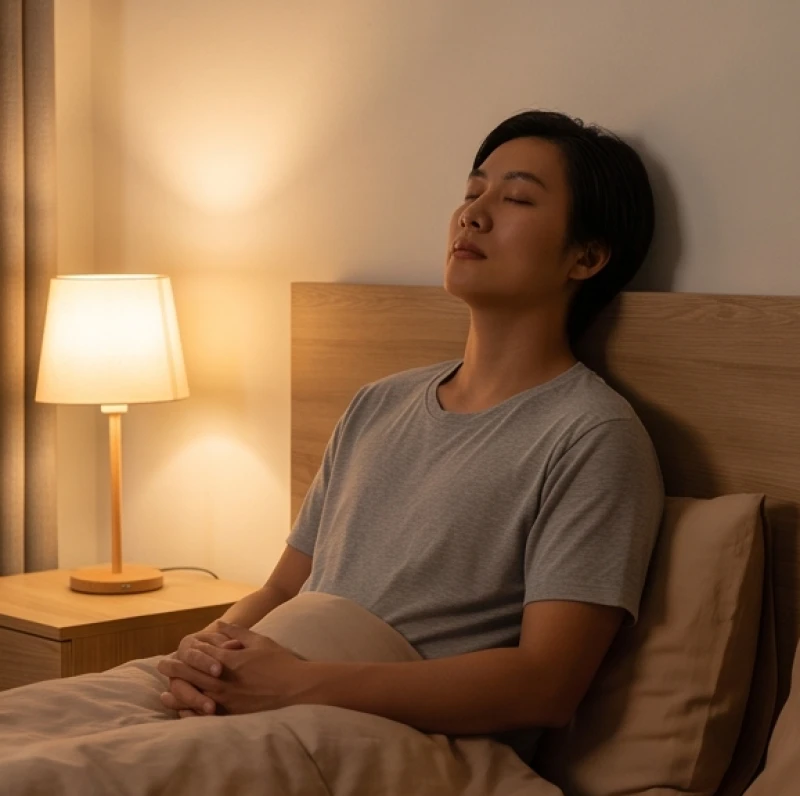 Người phụ nữ ngồi dựa vào thành giường và nhắm mắt tập trung hít thở sâu để lấy lại sự bình tĩnh