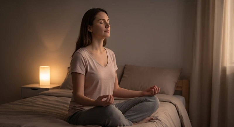 Mơ thấy án mạng là điềm gì: Giải mã tâm lý & sơ cứu hoảng sợ 6 Người phụ nữ ngồi trên giường nhắm mắt hít thở sâu để điều hòa nhịp tim sau cơn ác mộng