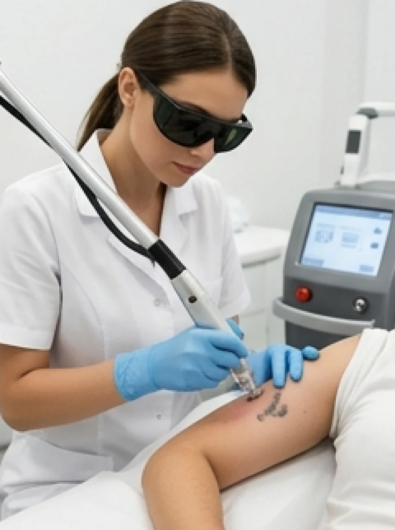 Quá trình sử dụng máy laser công nghệ cao để làm mờ một hình xăm cũ trên cánh tay