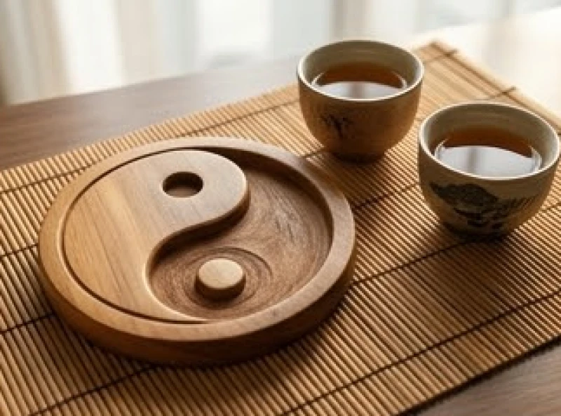 Bính Tuất 1946 hợp hướng nào: Bố trí nhà ở & hóa giải hướng xấu 2 Biểu tượng âm dương bằng gỗ và hai tách trà gốm sứ đặt trên thảm tre truyền thống