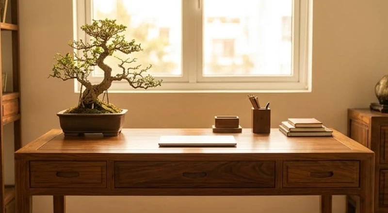 Tử Vi Tuổi Dần Trọn Đời: Đối Chiếu Nam Nữ & Phong Thủy Cải Vận 12 Bàn làm việc bằng gỗ lim được sắp xếp gọn gàng với hướng nhìn ra cửa sổ ngập nắng
