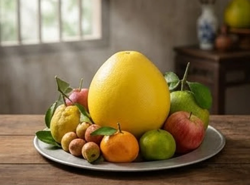 Mâm ngũ quả truyền thống ngày Tết nổi bật với quả bưởi vàng ươm căng tròn mang ý nghĩa viên mãn