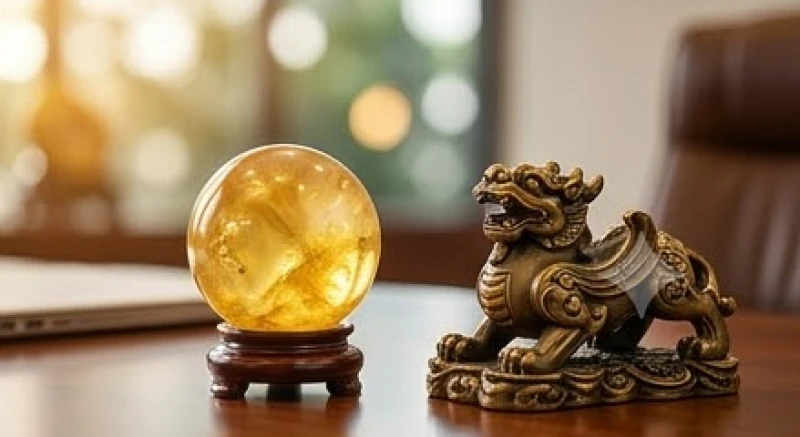 Quả cầu thạch anh vàng rực rỡ và tượng Tỳ Hưu bằng đồng đặt uy nghi trên bàn làm việc