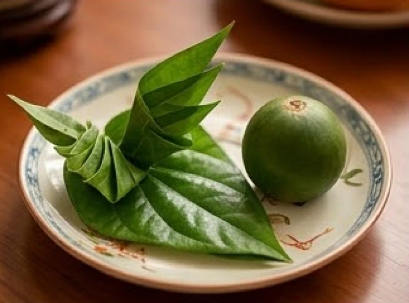 Đĩa trầu cau với lá trầu xanh được têm hình cánh phượng khéo léo đặt cạnh quả cau tròn trịa trên mâm cúng chay