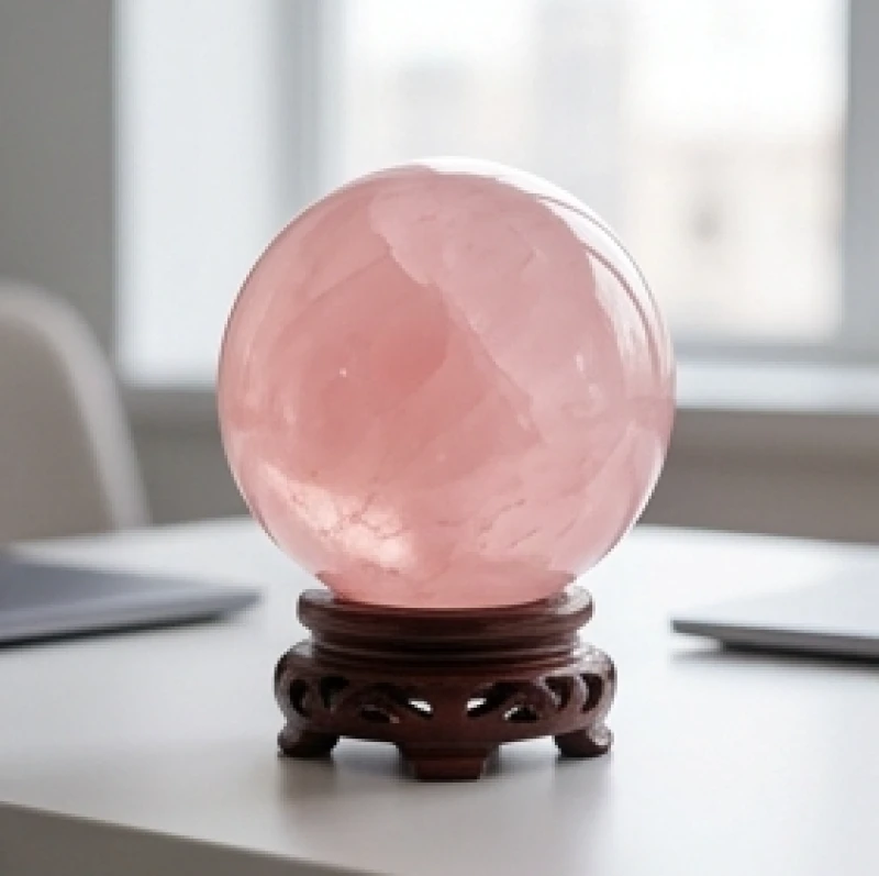 Vật phẩm phong thủy cho tuổi Thân: Bảng giá và cách khai quang 7 Quả cầu đá thạch anh hồng nguyên khối tự nhiên đặt trên đế gỗ tĩnh tại