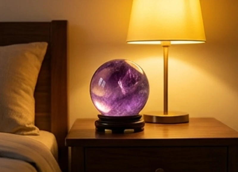 Tình duyên tuổi Thân: Mức độ hợp khắc & cách hóa giải phong thủy 5 Quả cầu thạch anh tím được đặt trên tủ đầu giường trong phòng ngủ ánh sáng vàng ấm