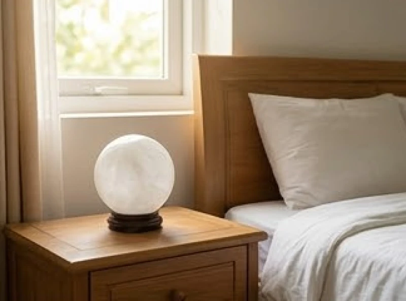 Quả cầu đá thạch anh trắng đặt cạnh đầu giường ngủ để thanh lọc không khí và hỗ trợ giấc ngủ