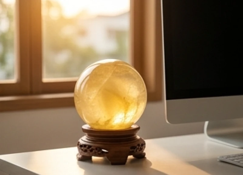 Quả cầu thạch anh vàng rực rỡ đặt trên đế gỗ cạnh màn hình máy tính để hóa giải sát khí