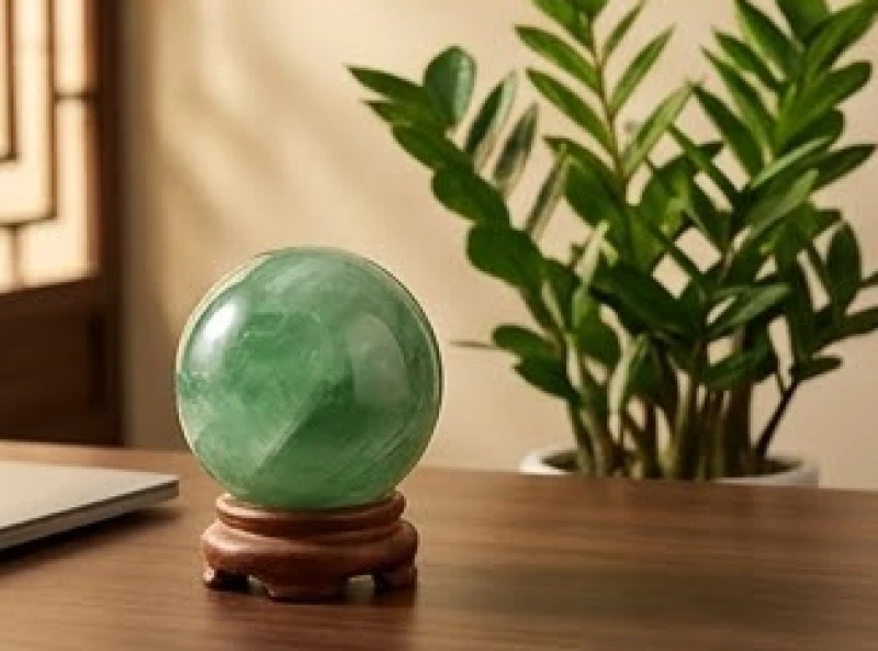 Tài lộc tuổi Tỵ: Vận hạn từng năm sinh và cách đo cung tài lộc 8 Quả cầu đá thạch anh xanh lục đặt cạnh chậu cây Kim Tiền xanh tốt trên bàn làm việc hướng Đông Nam