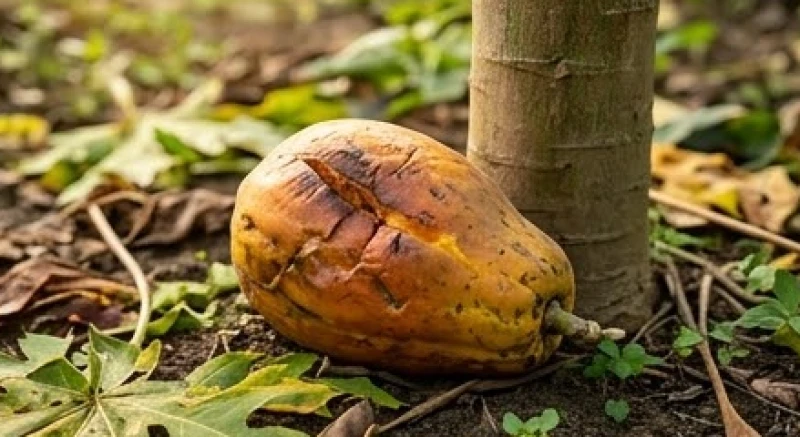 Trái đu đủ có dấu hiệu nứt nẻ và hư hỏng phần vỏ nằm lặng lẽ dưới gốc cây nhiệt đới