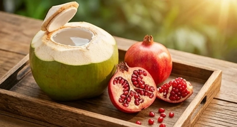 Quả dừa tươi nhiều nước ngọt lành và quả lựu đỏ rực đặt cạnh nhau trên một chiếc mâm gỗ mộc mạc