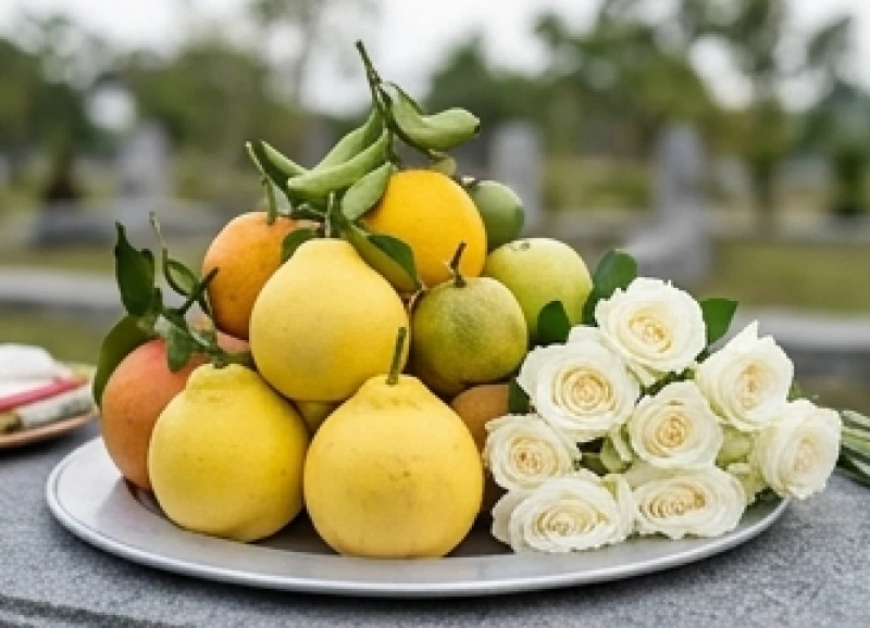 Mâm ngũ quả tươi ngon điểm xuyết những bông hoa hồng trắng và quả trứng gà vàng ươm dâng cúng