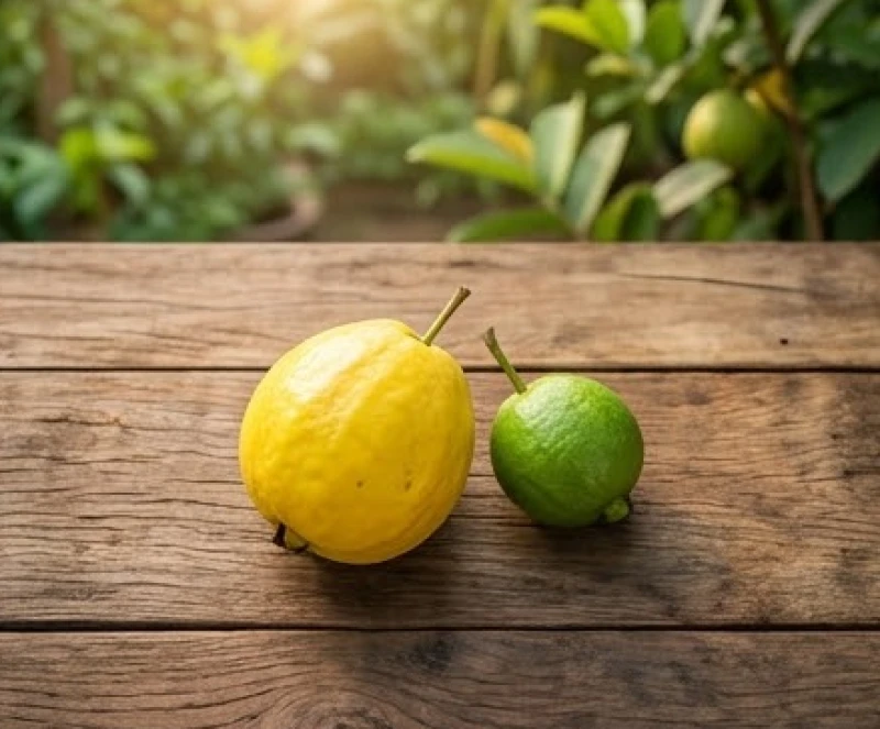 Hai quả ổi gồm một quả chín vàng và một quả xanh non trên bàn gỗ, điểm mấu chốt để phân tích điềm báo mơ thấy hái ổi