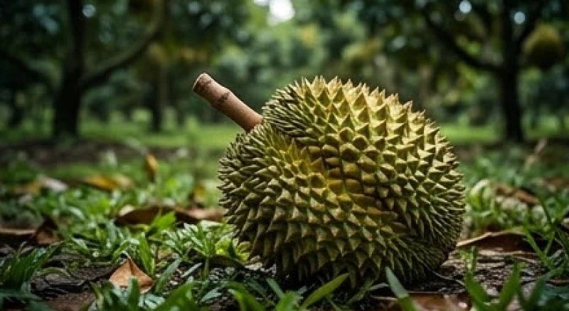 Quả sầu riêng chín rụng nằm trơ trọi trên nền đất cỏ cảnh báo những biến cố bất ngờ xảy ra