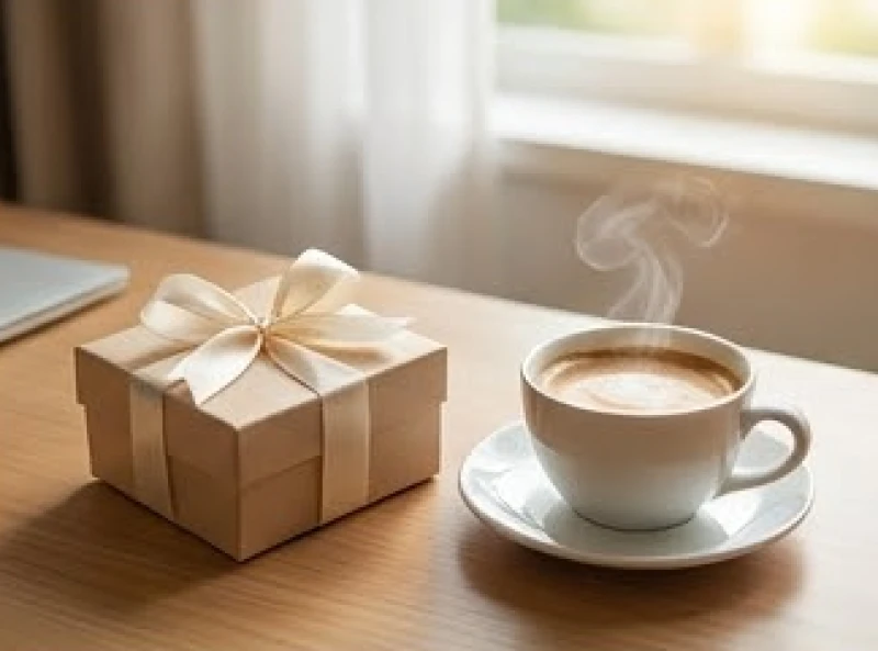 Nhảy mũi ở nữ là điềm gì: Tra cứu theo giờ và phân biệt nam nữ 6 Một hộp quà nhỏ thắt nơ xinh xắn đặt trên bàn làm việc cạnh ly cà phê sáng sớm